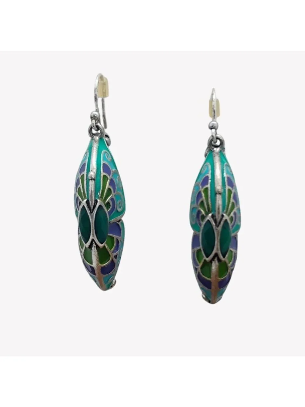 Double Sided Enamel Butterfly Wing Earrings Blue Purple Green Silver 1.5